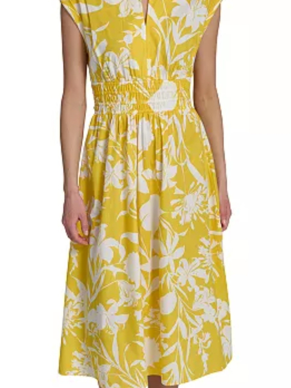 Calvin Klein Yellow and White Floral Shirred-Waist Midi Dress